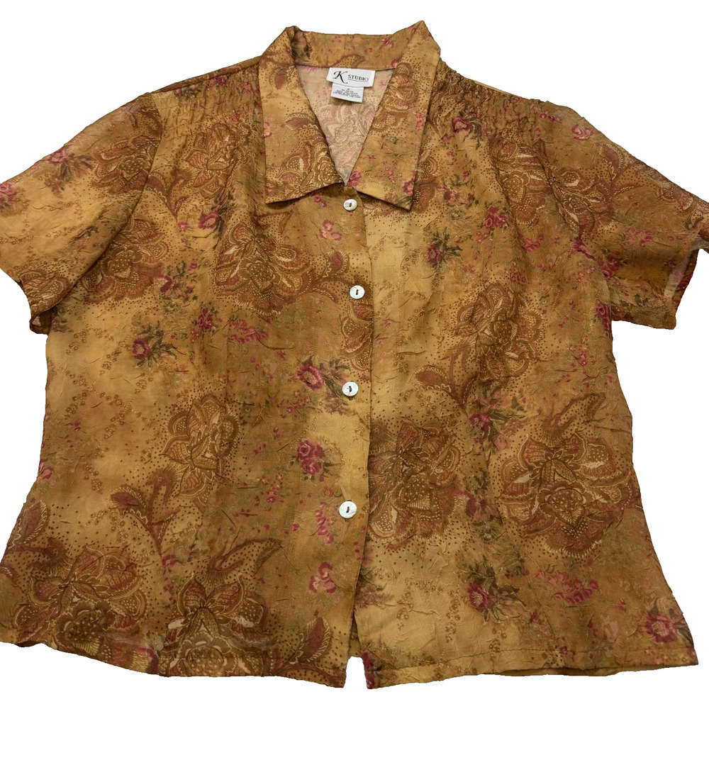 Artsy Boho Festival Earthy Sheer Crinkle Floral K Studio Blouse Women's Size 16